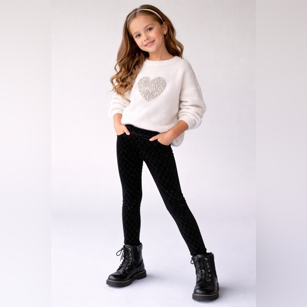ZARA Girls Black Velvet Diamond Pattern Leggings Size 6 Glitter Stretch Pants